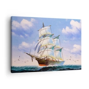 Schilderen op canvas - Een zeilschip op open zee onder een blauwe lucht - 70x50cm - Trots met de wind - Moderne wanddecoratie voor woonkamer en slaapkamer ARTTOR