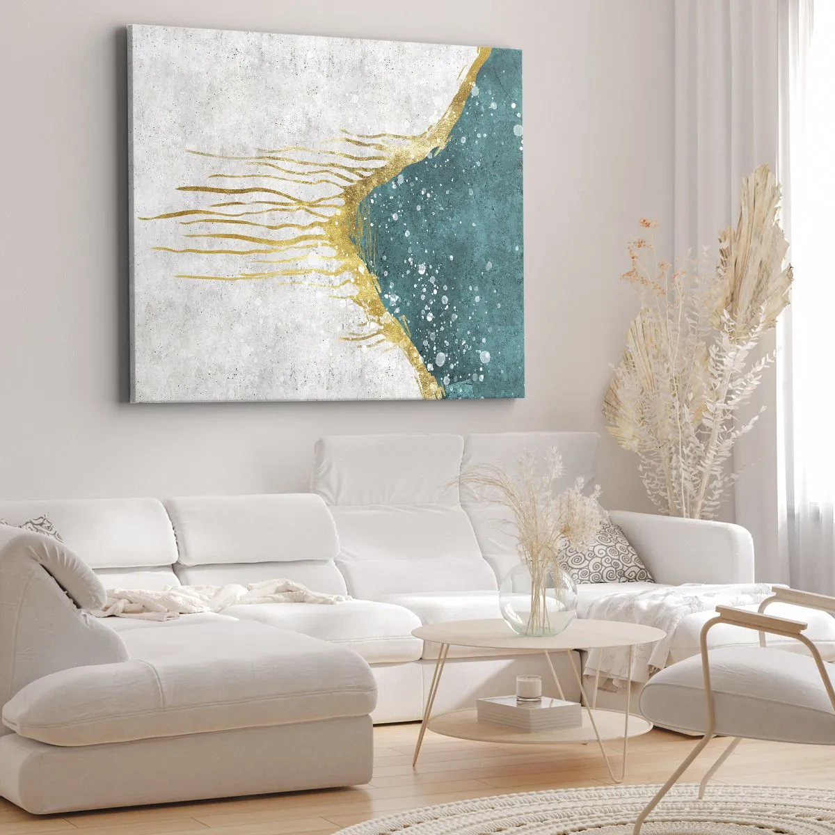 Schilderen op canvas - Een abstracte compositie in tinten goud en turquoise - 70x50cm - Gouden vloed - Moderne wanddecoratie voor woonkamer en slaapkamer ARTTOR