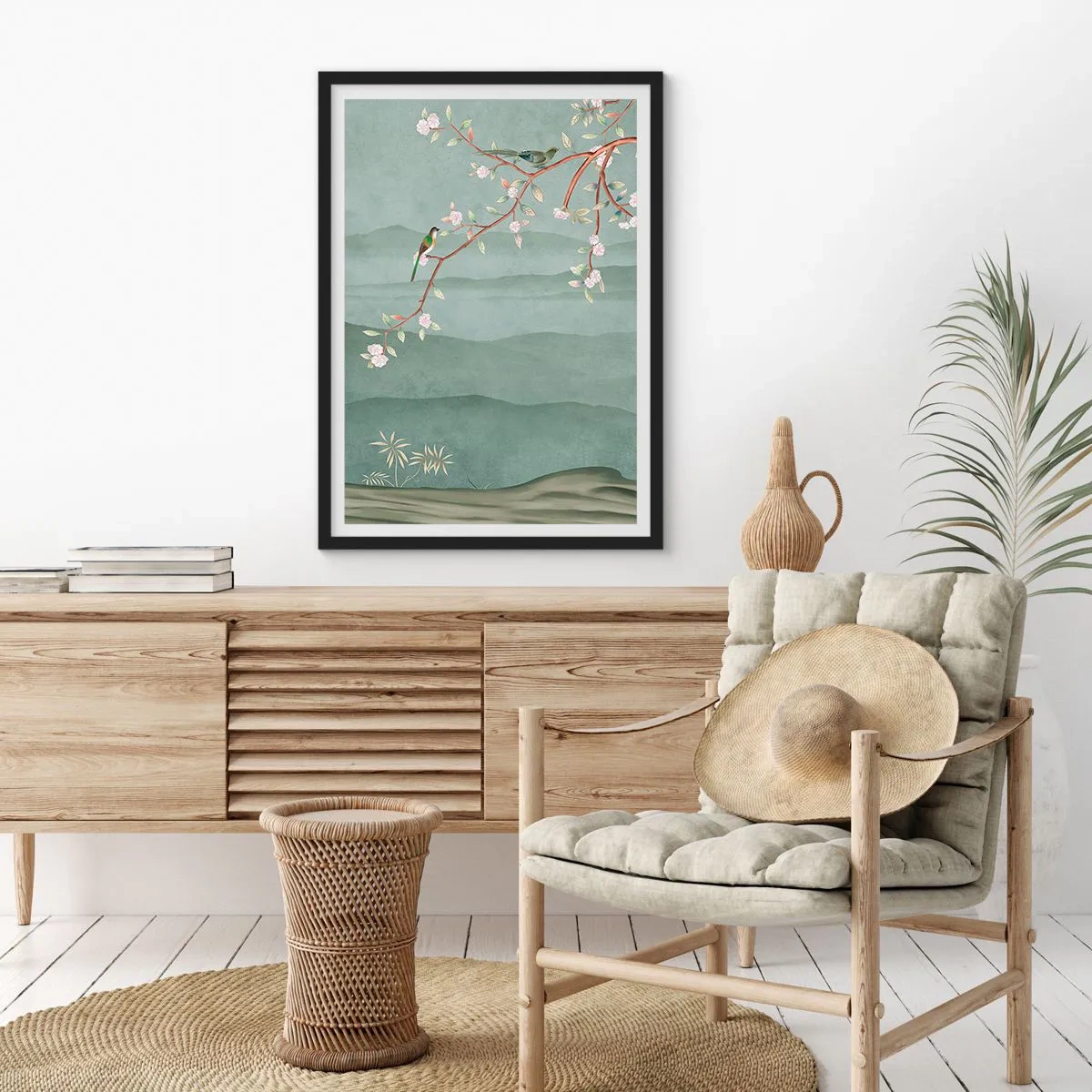 Poster in een zwarte lijst - Vogels op een bloeiende tak met uitzicht op de heuvels - 50x70cm - Lente, oh jij bent het - Moderne wanddecoratie voor woonkamer en slaapkamer ARTTOR