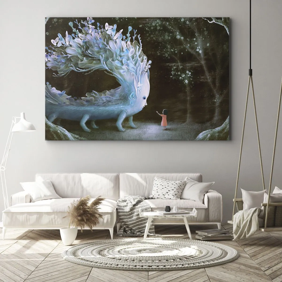 Schilderen op canvas - De figuur van een meisje tegenover een fantastisch wezen - 70x50cm - Fantastische ontmoeting - Moderne wanddecoratie voor woonkamer en slaapkamer ARTTOR