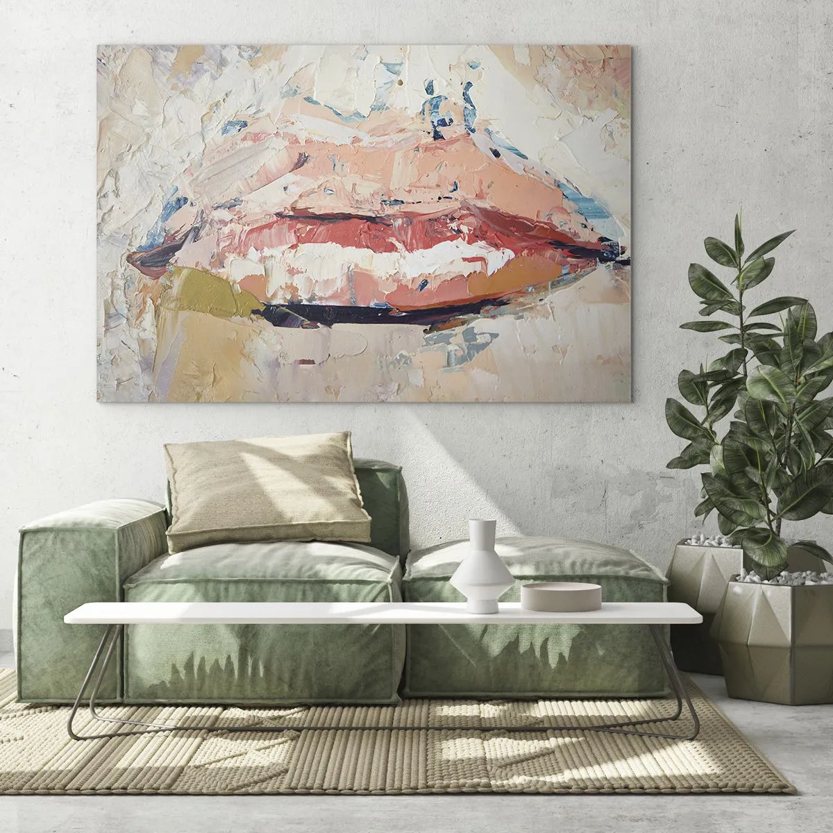 Schilderen op glas - Abstract beeld van lippen in een expressieve schildertechniek - 70x50cm - Het wekt de zintuigen - Moderne wanddecoratie voor woonkamer en slaapkamer ARTTOR