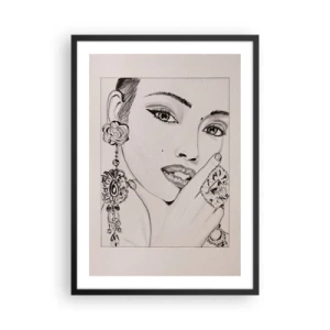 Poster in een zwarte lijst - Schets van een vrouw met glamoureuze sieraden - 50x70cm - Het mooiste juweeltje - Moderne wanddecoratie voor woonkamer en slaapkamer ARTTOR