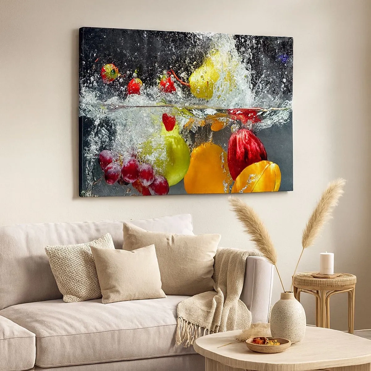 Schilderen op canvas - Kleurrijke vruchten in water tijdens dynamische onderdompeling - 70x50cm - Fruit verfrissing - Moderne wanddecoratie voor woonkamer en slaapkamer ARTTOR
