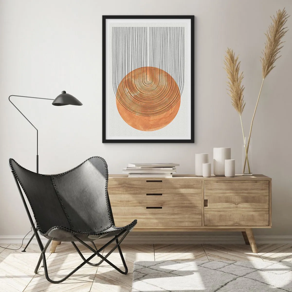 Poster in een zwarte lijst - Geometrische abstractie in aardse tinten - 50x70cm - Zonnige compositie - Moderne wanddecoratie voor woonkamer en slaapkamer ARTTOR