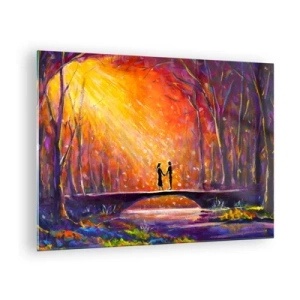 Schilderen op glas - Een stel op een brug in het licht van de ondergaande zon, omringd door bomen. - 70x50cm - De hemel houdt ook van hen - Moderne wanddecoratie voor woonkamer en slaapkamer ARTTOR