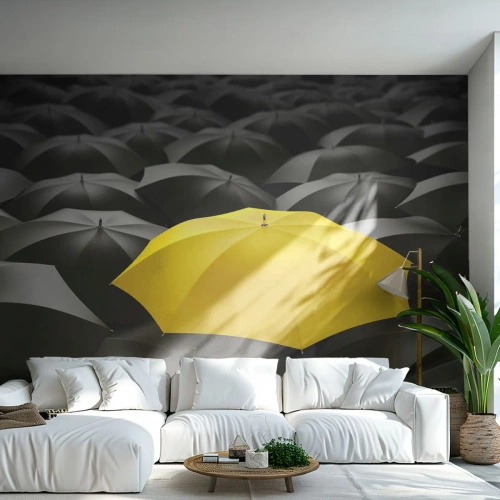 Fotobehang Premium Canvas - Vaarwel verdriet - Gele paraplu's, Grafisch, Concept - 300x210 cm