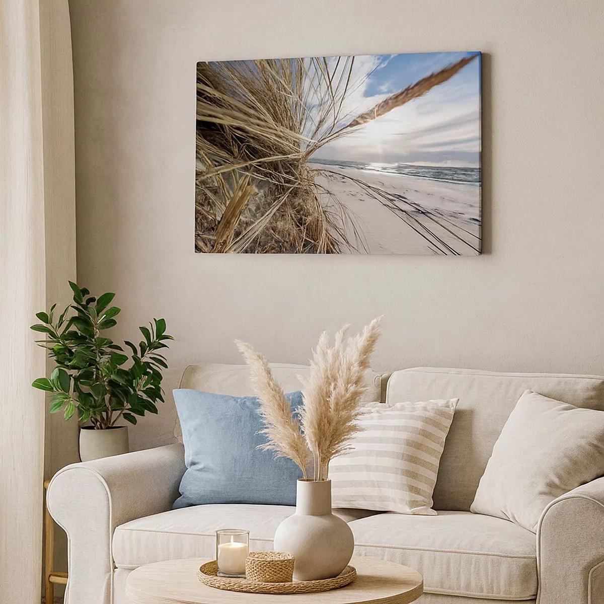 Schilderen op canvas - Een strand met droog gras op de duinen en uitzicht op zee - 70x50cm - Een ontmoeting van de elementen - Moderne wanddecoratie voor woonkamer en slaapkamer ARTTOR
