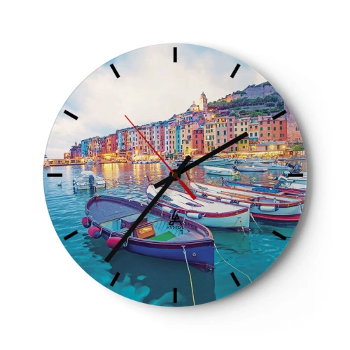 Wandklok - Klok - Kleurrijke haven met boten bij zonsondergang - 30x30cm - Kleurrijke avond in de haven - Moderne wanddecoratie voor woonkamer, keuken en slaapkamer ARTTOR