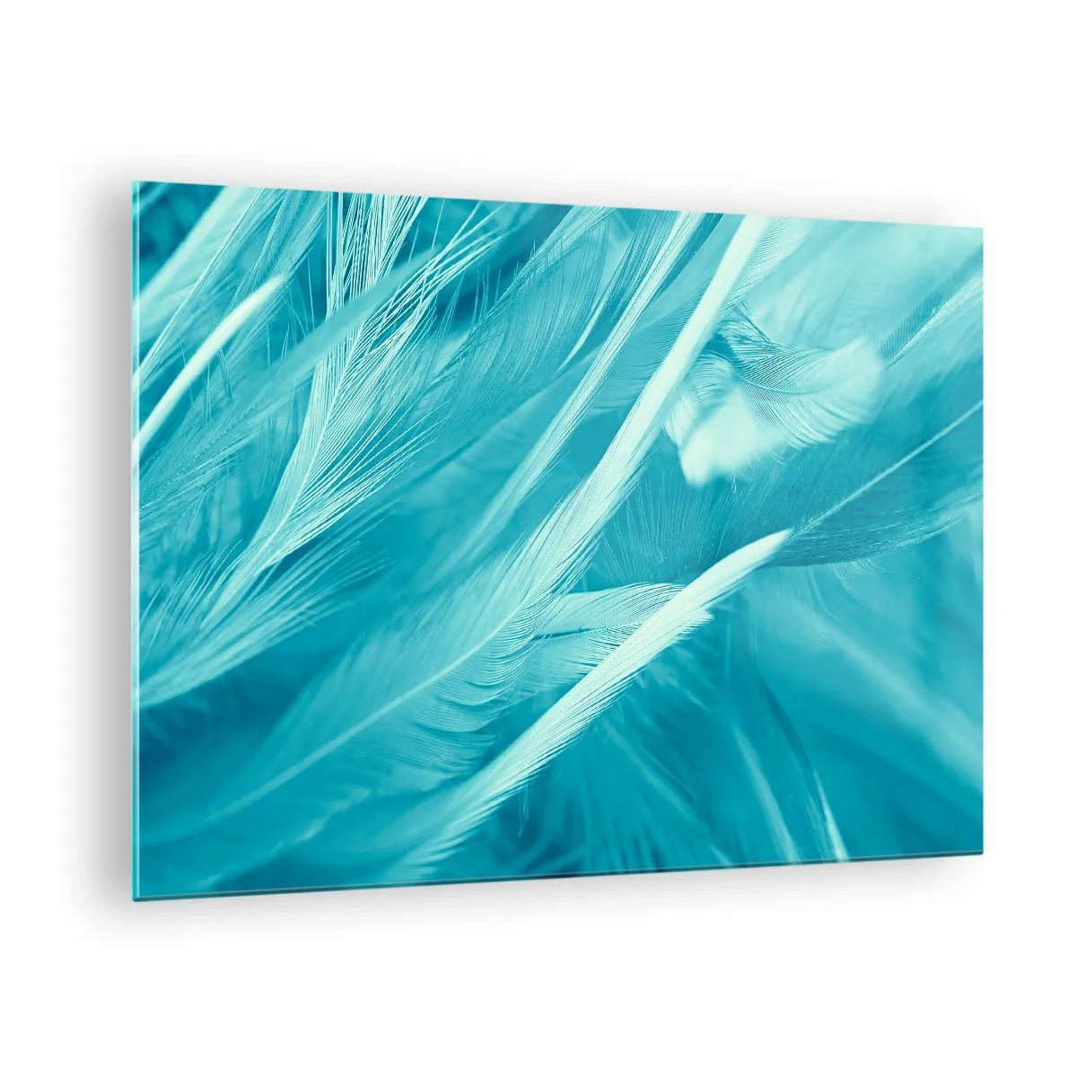 Schilderen op glas - Turquoise veren in een delicate close-up - 70x50cm - Verdrinken in pluisjes - Moderne wanddecoratie voor woonkamer en slaapkamer ARTTOR