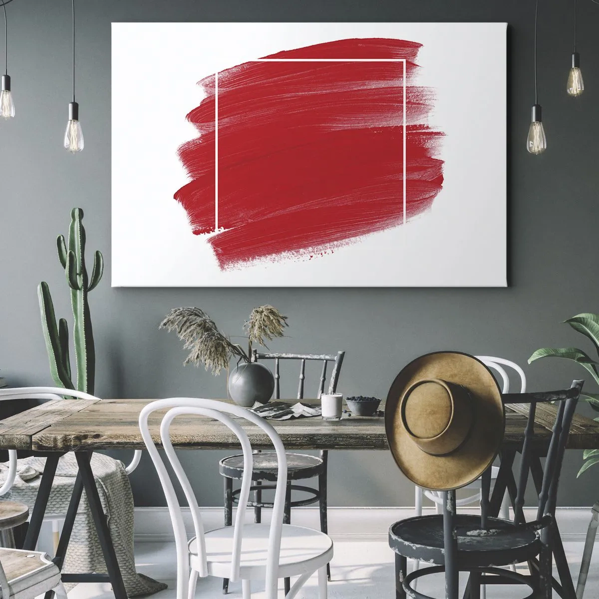 Schilderen op canvas - Rode penseelstreek met witte rand - 70x50cm - Uit het frame - Moderne wanddecoratie voor woonkamer en slaapkamer ARTTOR
