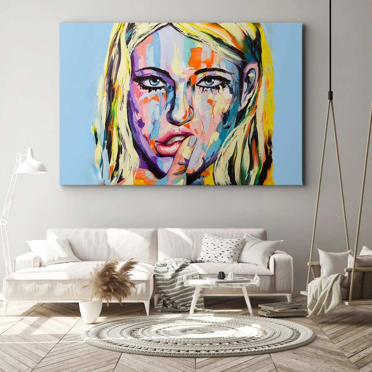 Schilderen op canvas - Kleurrijk portret van een vrouw in abstracte stijl - 70x50cm - Kijk haar recht in de ogen - Moderne wanddecoratie voor woonkamer en slaapkamer ARTTOR