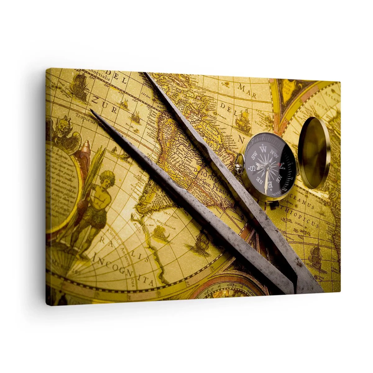 Schilderen op canvas - Een antieke wereldkaart met een kompas en een passer op de achtergrond - 70x50cm - Waar zijn deze schatten? - Moderne wanddecoratie voor woonkamer en slaapkamer ARTTOR