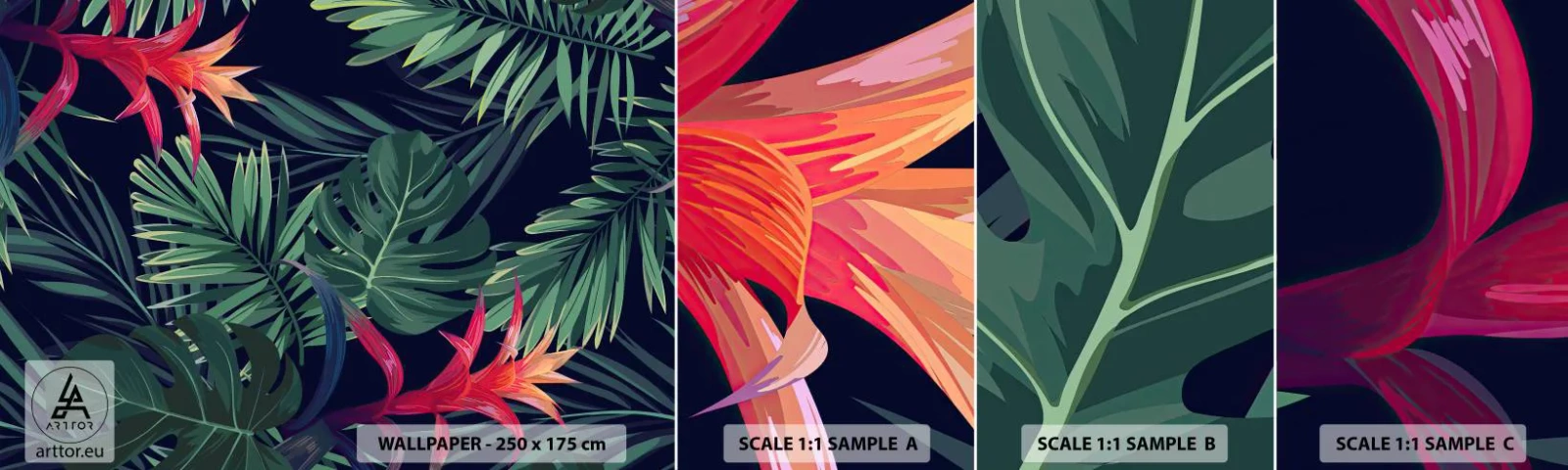 Fotobehang Staaltje Standard Eco - Ontsteken in het groen - Bloemen, Tropische plant, Palm bladeren - 100x30 cm