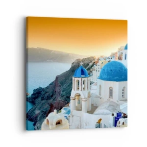 Schilderen op canvas - Santorini - genesteld tegen de rotsen - 40x40 cm
