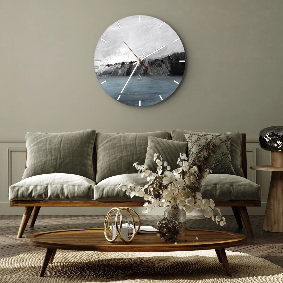 Wandklok - Klok - Een artistieke botsing van wit, zwart en blauw in de vorm van een landschap. - 30x30cm - Water – aarde: botsing der elementen - Moderne wanddecoratie voor woonkamer, keuken en slaapkamer ARTTOR