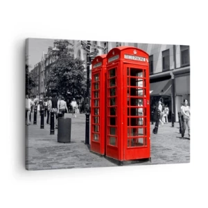 Schilderen op canvas - Rode telefooncellen tegen een zwart-witte stedelijke achtergrond. - 70x50cm - Rode telefoonhokjes - Moderne wanddecoratie voor woonkamer en slaapkamer ARTTOR