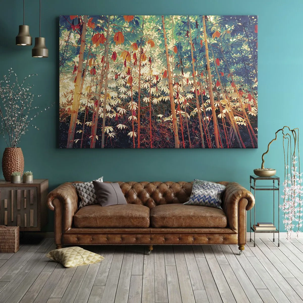 Schilderen op canvas - Een kleurrijk bamboebos met intense kleuren - 70x50cm - Het geheime leven van de bladeren - Moderne wanddecoratie voor woonkamer en slaapkamer ARTTOR