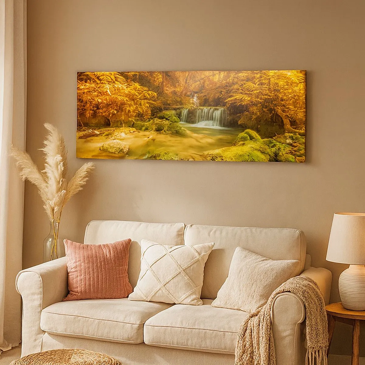 Schilderen op canvas - Boscascade in goud - 100x40 cm