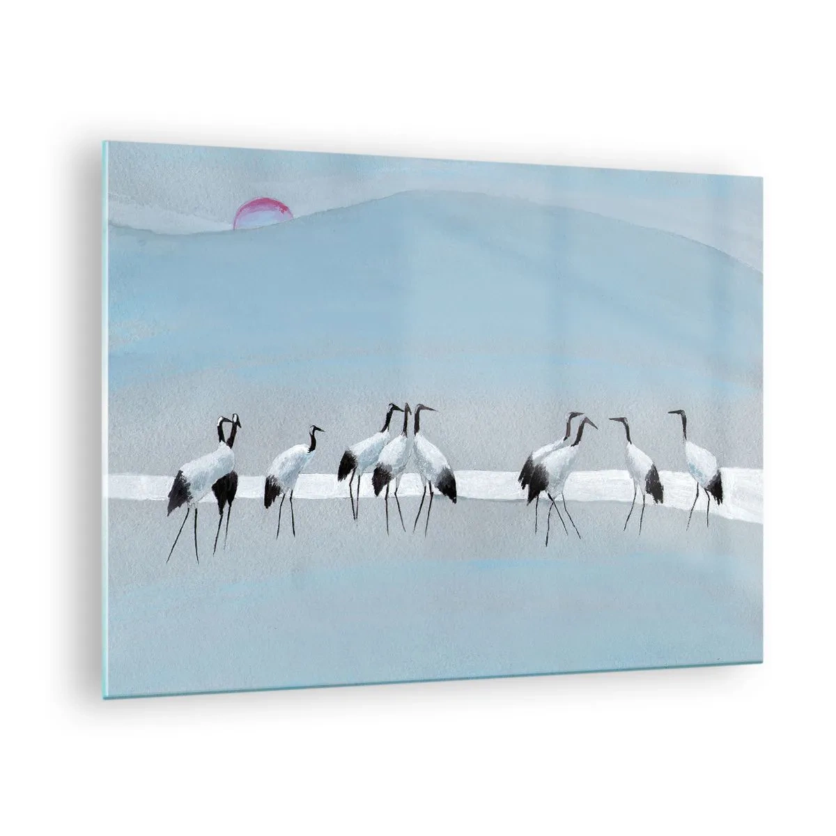 Schilderen op glas - Een groep kraanvogels tegen de achtergrond van blauwe bergen en een zonsondergang - 70x50cm - Na een warme dag - Moderne wanddecoratie voor woonkamer en slaapkamer ARTTOR