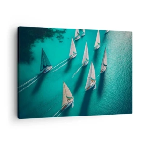 Schilderen op canvas - Jachten op turquoise water in dynamische beweging - 70x50cm - In een wedstrijd met de wind - Moderne wanddecoratie voor woonkamer en slaapkamer ARTTOR