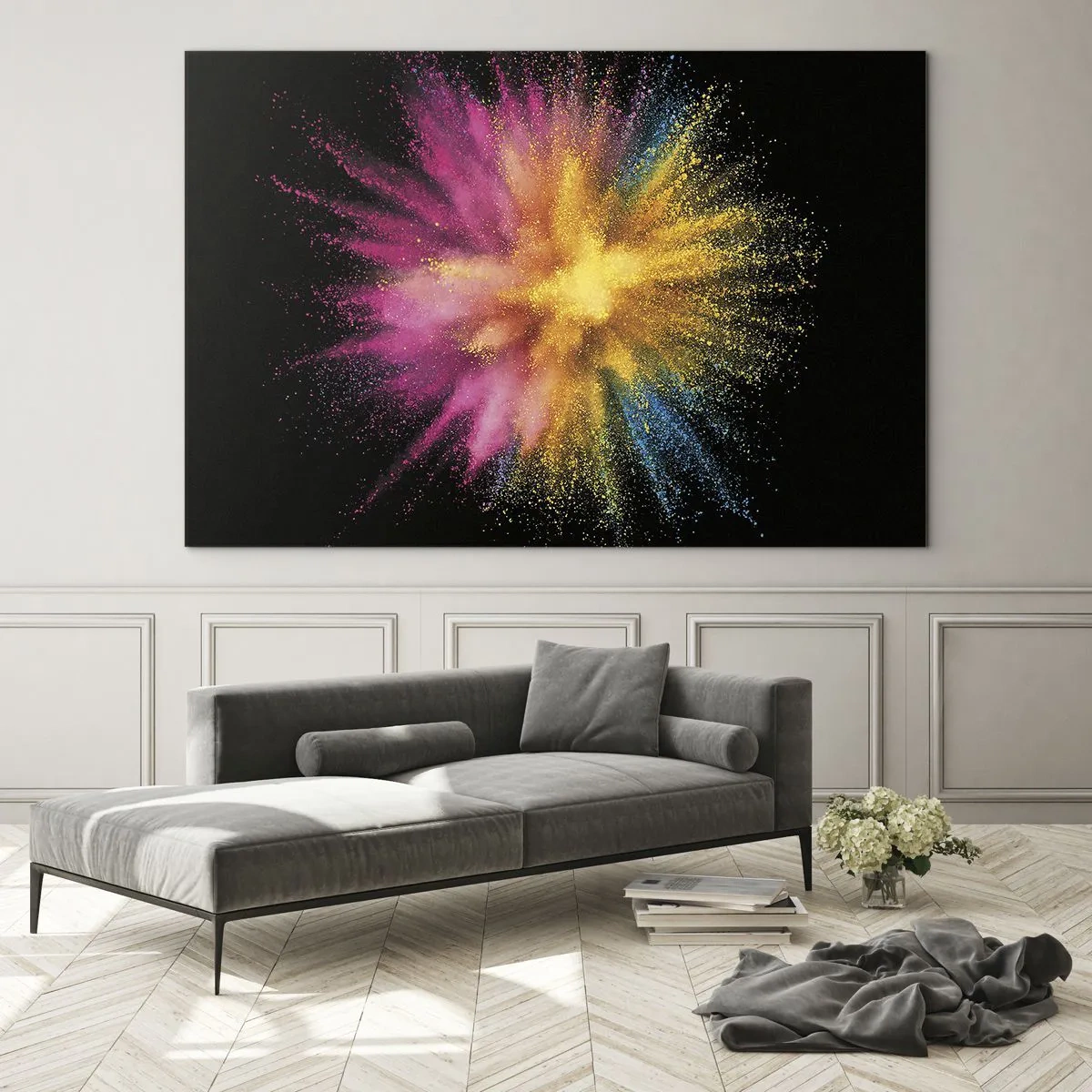 Schilderen op glas - Kleurrijke poederexplosie op een zwarte achtergrond - 70x50cm - De geboorte van kleuren - Moderne wanddecoratie voor woonkamer en slaapkamer ARTTOR