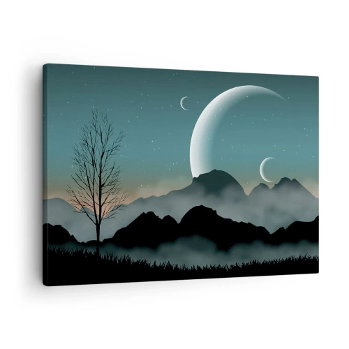 Schilderen op canvas - Mistige bergen met de maan en een eenzame boom - 70x50cm - Carneval in Sterrennacht  - Moderne wanddecoratie voor woonkamer en slaapkamer ARTTOR