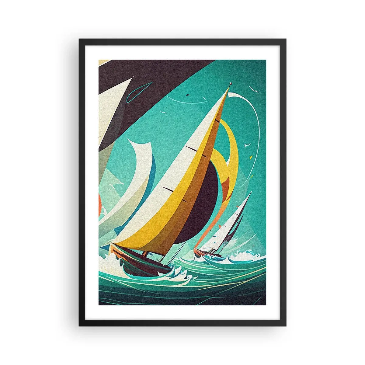 Poster in een zwarte lijst - Abstracte zeilregatta op een stormachtige zee - 50x70cm - Met elementen als een broer - Moderne wanddecoratie voor woonkamer en slaapkamer ARTTOR