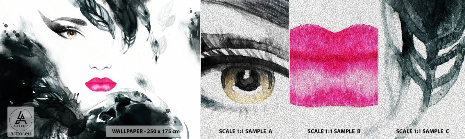 Fotobehang Monster Premium Sand - Aandacht! Femme fatale - Abstractie, Het gezicht van de vrouw, Portret van een vrouw - 100x30 cm