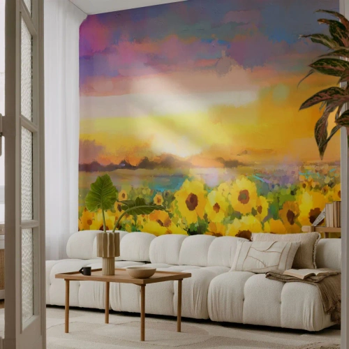Fotobehang op maat Premium Canvas - De zon zelf daalde naar de aarde - Zonnebloem veld, zonnebloem, Natuur