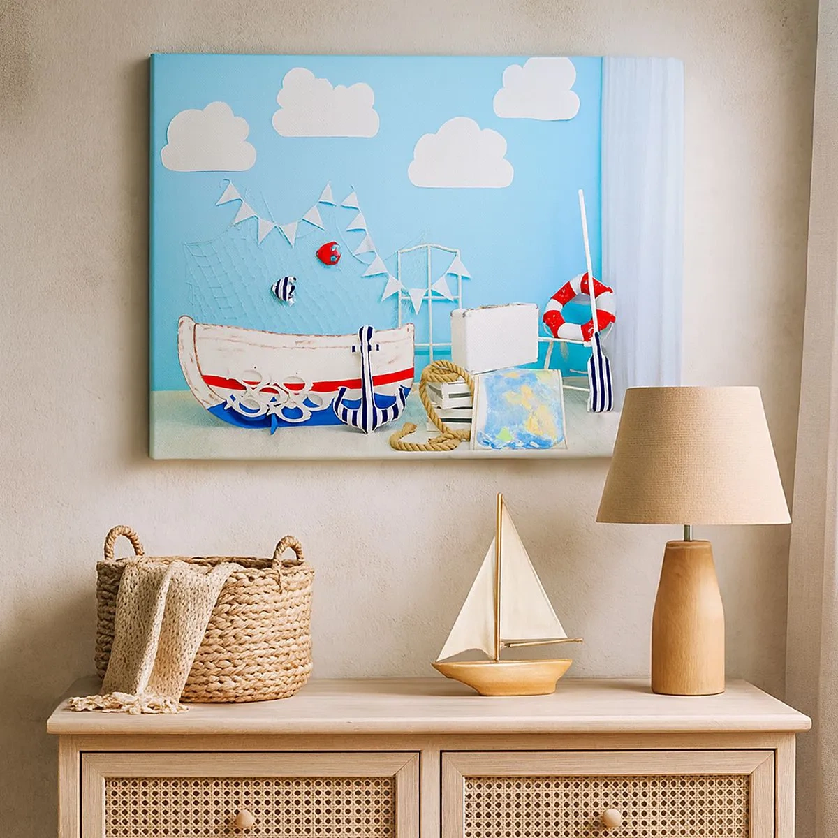 Schilderen op canvas - Nautische decoratie met een boot en accessoires op een blauwe achtergrond - 70x50cm - Het verlangen van een kind naar avontuur - Moderne wanddecoratie voor woonkamer en slaapkamer ARTTOR