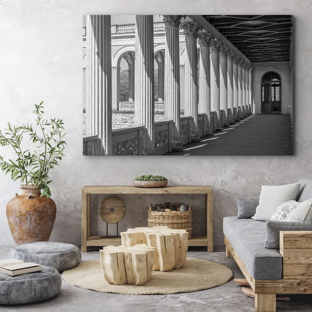 Schilderen op canvas - Klassieke zuilengalerij in zwart-wit - 70x50cm - Zonnige arcade - Moderne wanddecoratie voor woonkamer en slaapkamer ARTTOR