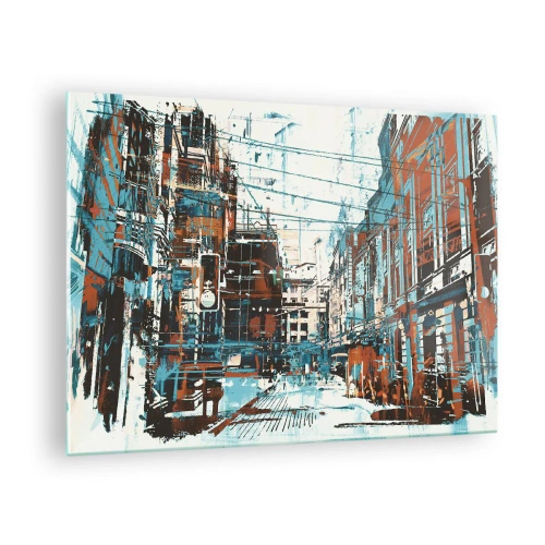 Schilderen op glas - Een pittoresk stadsstraatje in een artistieke, versleten stijl - 70x50cm - Een versleten stadspad - Moderne wanddecoratie voor woonkamer en slaapkamer ARTTOR