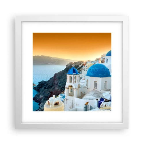 Poster in een witte lijst - Santorini - genesteld tegen de rotsen - 30x30 cm