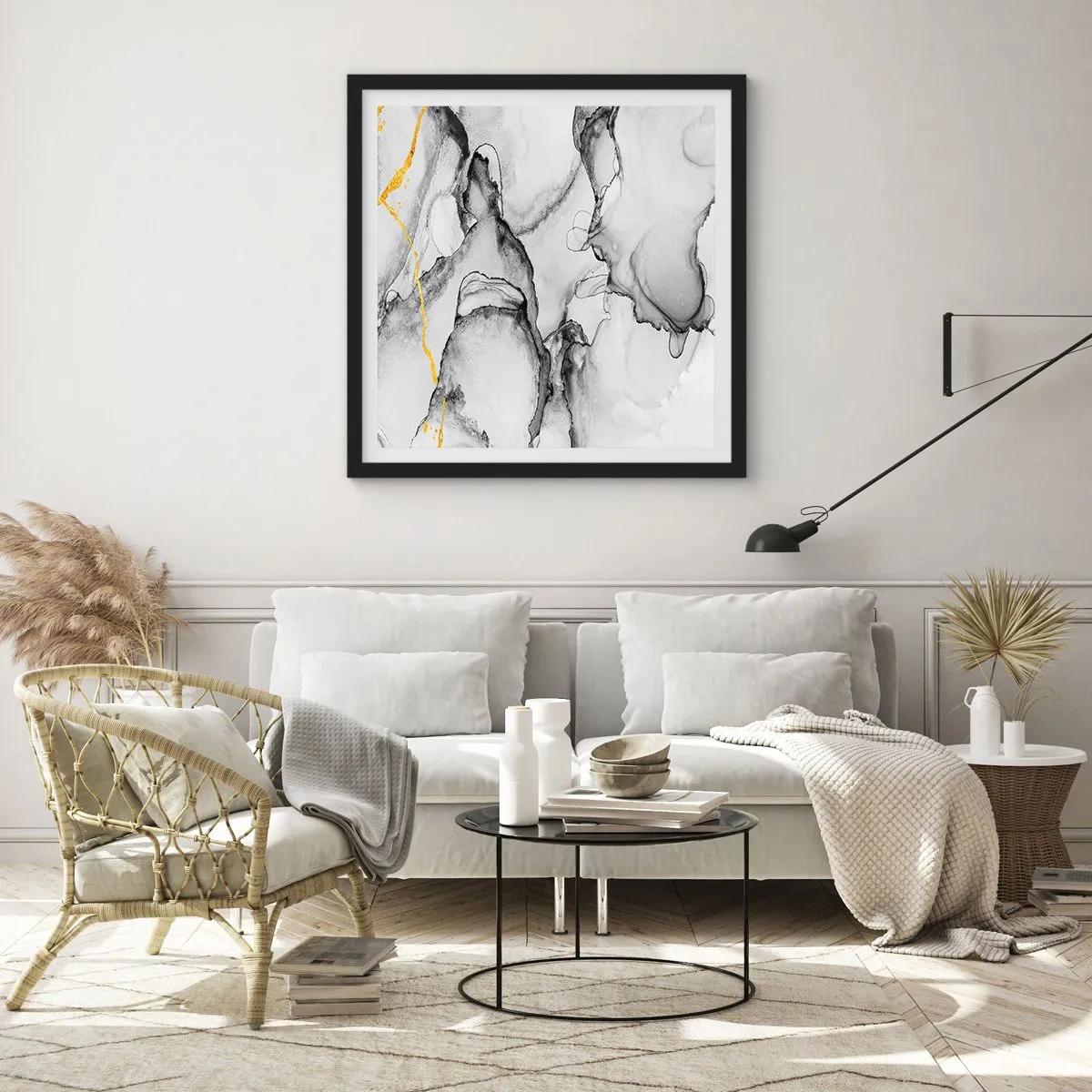 Poster in een zwarte lijst - Compositie met een gouden motief - 60x60 cm