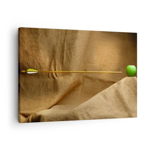 Schilderen op canvas - Groene appel op stof met een pijl die een compositie creëert - 70x50cm - Roep de geest van William Tell op - Moderne wanddecoratie voor woonkamer en slaapkamer ARTTOR