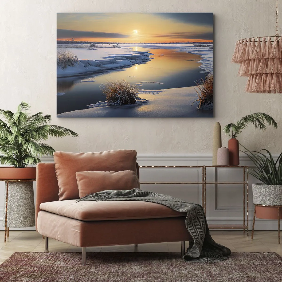 Schilderen op canvas - Winterlandschap met een rivier bij zonsondergang - 70x50cm - Winterse zonsondergang - Moderne wanddecoratie voor woonkamer en slaapkamer ARTTOR