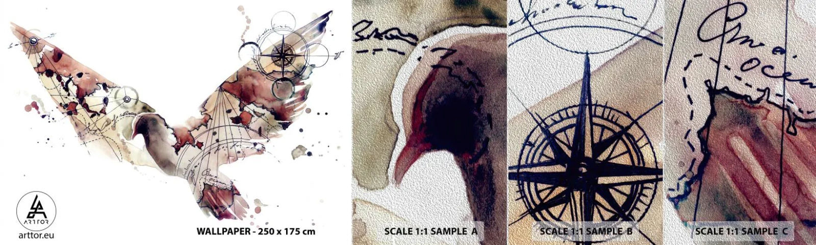 Fotobehang Monster Premium Sand - Een bovenhandse wandelaar - Vogels, Duif, Abstractie - 100x30 cm