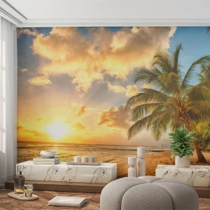 Zelfklevend Fotobehang Deluxe Sticker - Eeuwige zomer, altijd vakantie - Landschap, Strand, Kokospalm - 500x350 cm