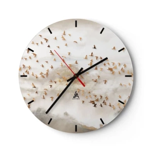 Wandklok - Klok - Een zwerm vogels vliegt tegen de achtergrond van bergen in een delicate mist - 30x30cm - Het is tijd… - Moderne wanddecoratie voor woonkamer, keuken en slaapkamer ARTTOR