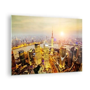 Schilderen op glas - Panorama van de stad bij zonsondergang met wolkenkrabbers - 70x50cm - Aziatische droom - Moderne wanddecoratie voor woonkamer en slaapkamer ARTTOR