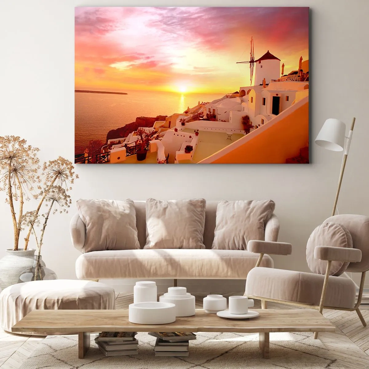 Schilderen op canvas - Santorini bij zonsondergang met een windmolen - 70x50cm - Spreiden in wit en goud - Moderne wanddecoratie voor woonkamer en slaapkamer ARTTOR