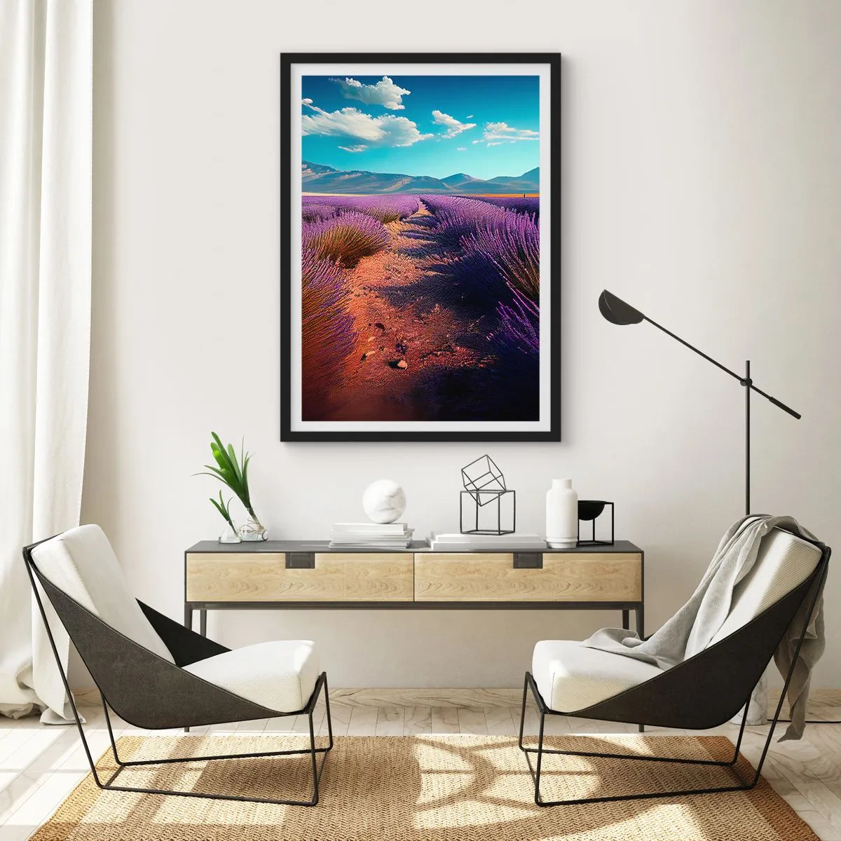 Poster in een zwarte lijst - Een lavendelveld bij zonsondergang met een berglandschap op de achtergrond - 50x70cm - Geurige velden - Moderne wanddecoratie voor woonkamer en slaapkamer ARTTOR
