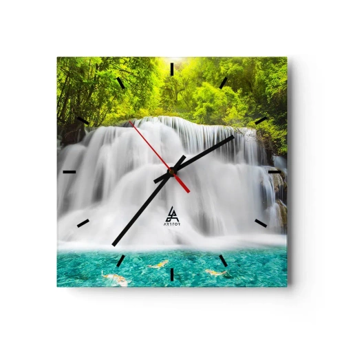 Wandklok - Klok - Een schuimige waterval van groen naar azuurblauw - 30x30 cm