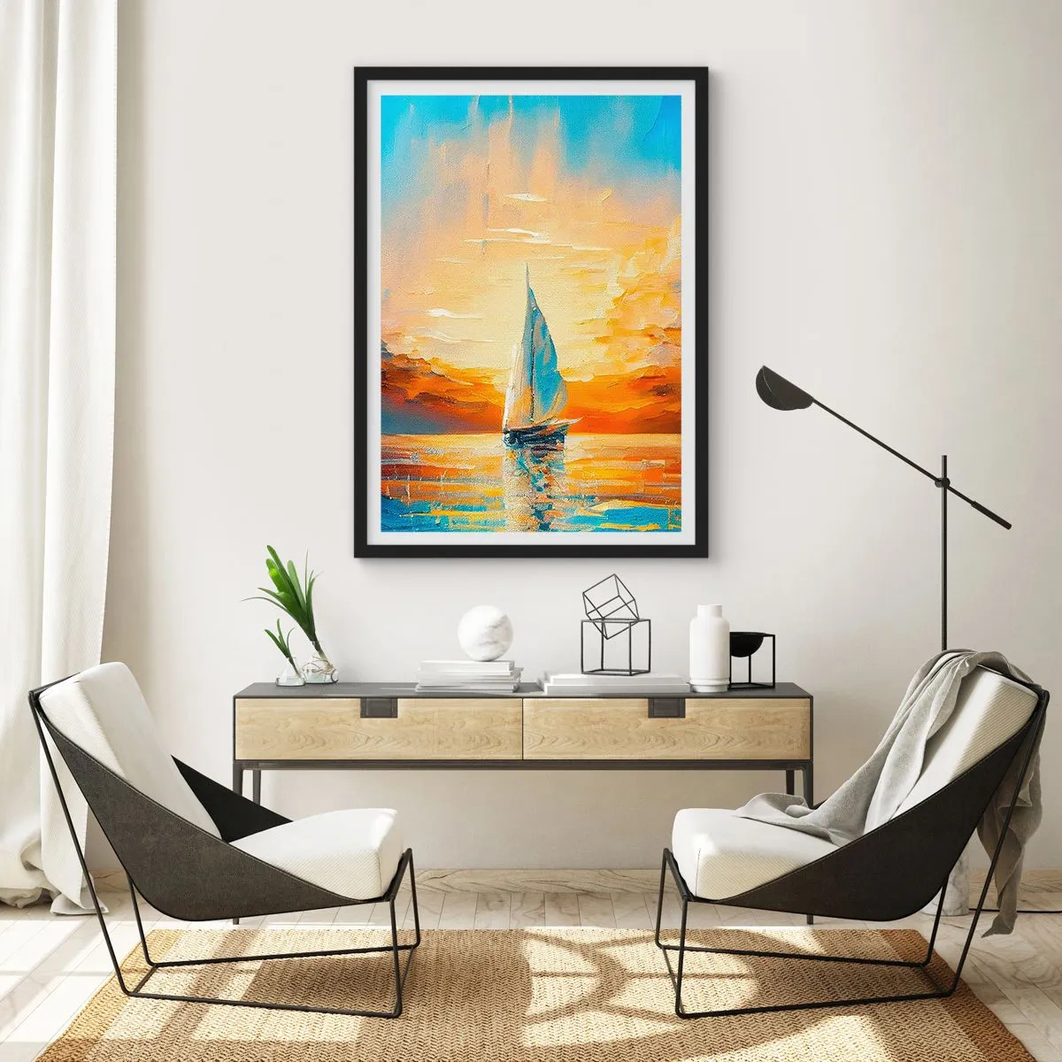 Poster in een zwarte lijst - Een zeilboot tegen de achtergrond van een gouden zonsondergang - 50x70cm - Zeilen in goud - Moderne wanddecoratie voor woonkamer en slaapkamer ARTTOR