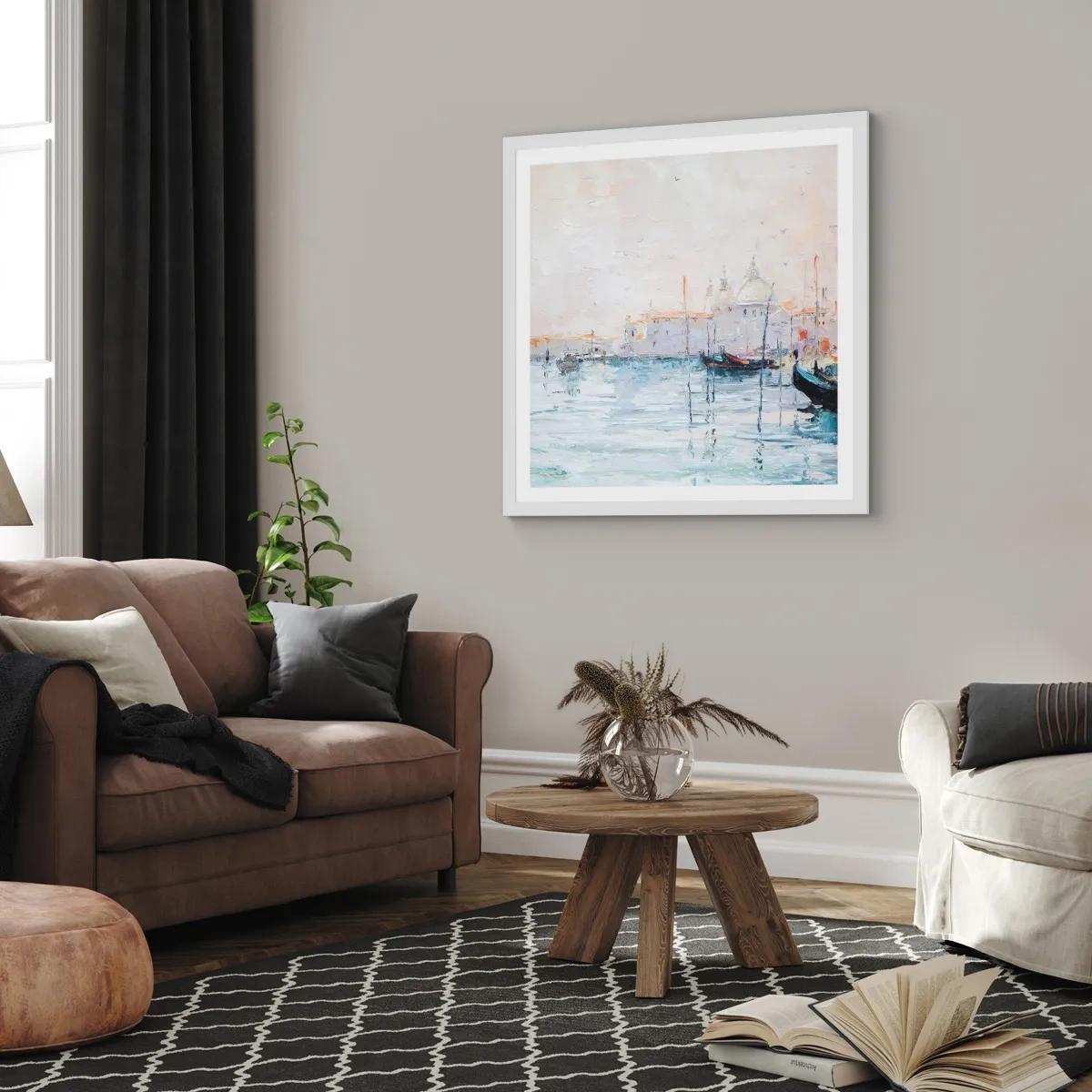 Poster in een witte lijst - Achter het water, achter de mist - 60x60 cm