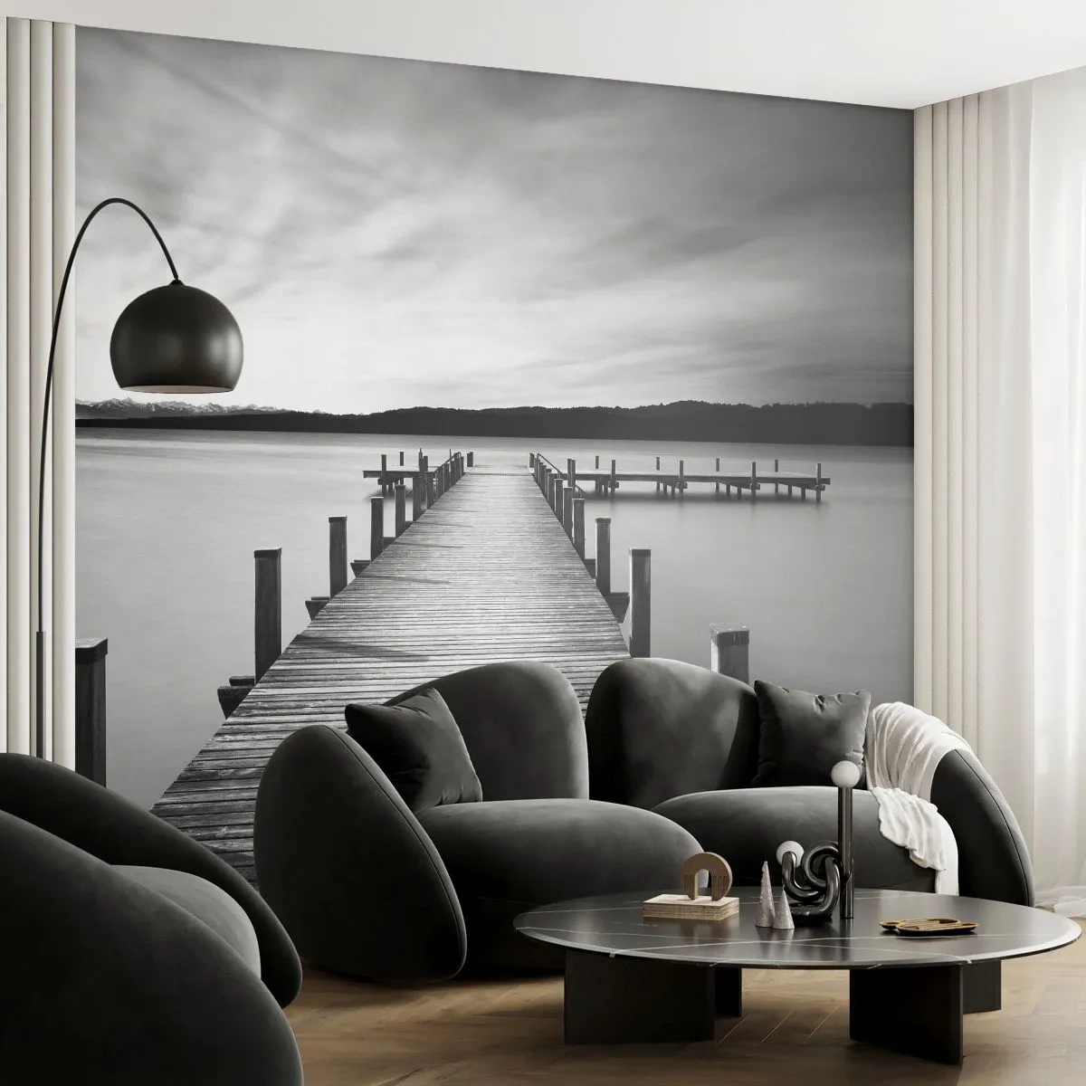 Fotobehang Premium Sand - Bij de waterput - vrede - Landschap, Meer, Houten brug - 300x210 cm