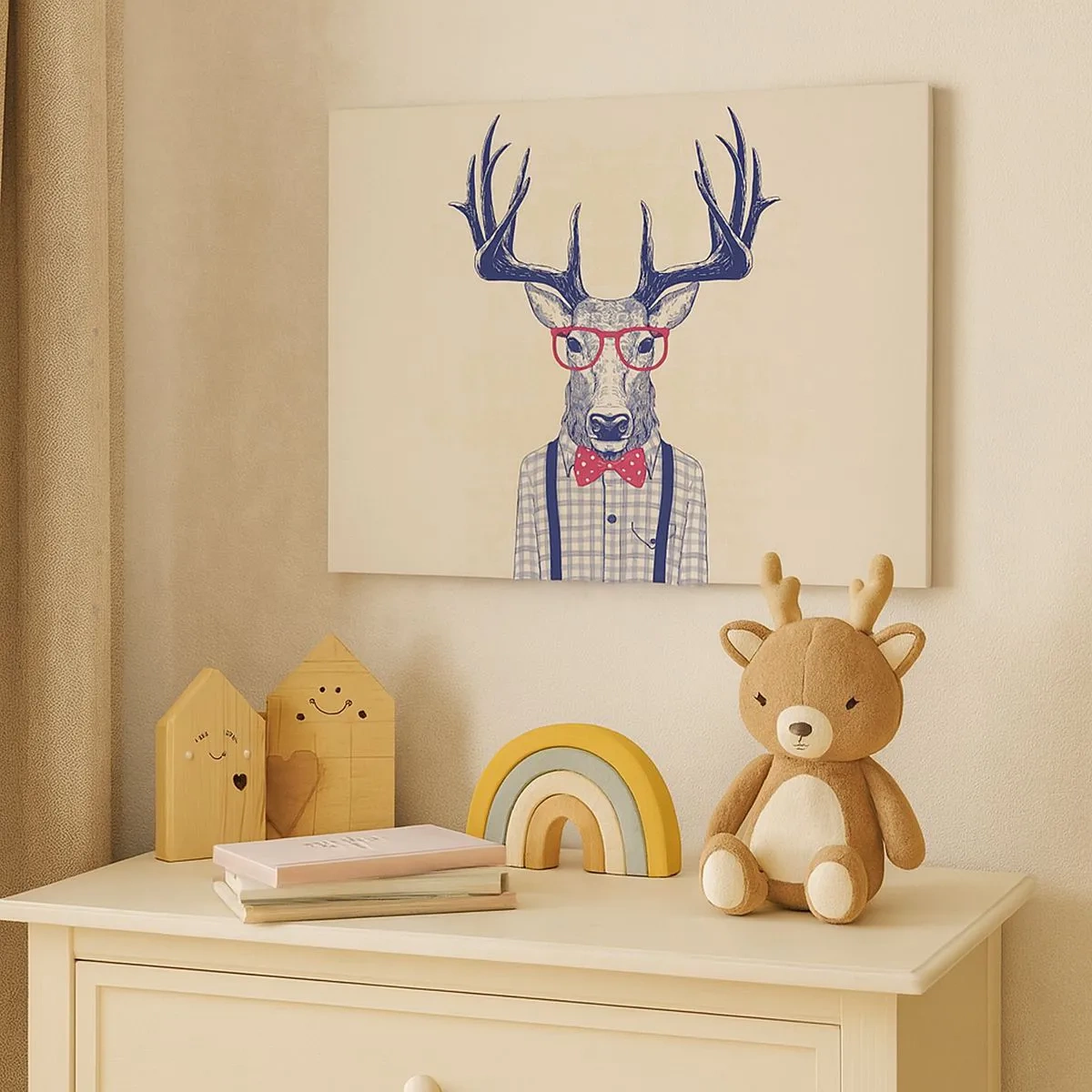 Schilderen op canvas - Gestileerde afbeelding van een hert met een bril en een vlinderdas - 70x50cm - Een grappig extravaganza - Moderne wanddecoratie voor woonkamer en slaapkamer ARTTOR