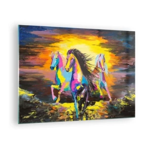 Schilderen op glas - Kleurrijke paarden galopperen tegen de achtergrond van de zonsondergang - 70x50cm - Ondergedompeld in de regenboog - Moderne wanddecoratie voor woonkamer en slaapkamer ARTTOR