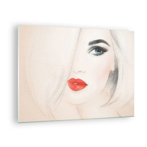 Schilderen op glas - Portret van een vrouw met licht haar, rode lippen en blauwe ogen - 70x50cm - Het hypnotiseert en bedwelmt - Moderne wanddecoratie voor woonkamer en slaapkamer ARTTOR