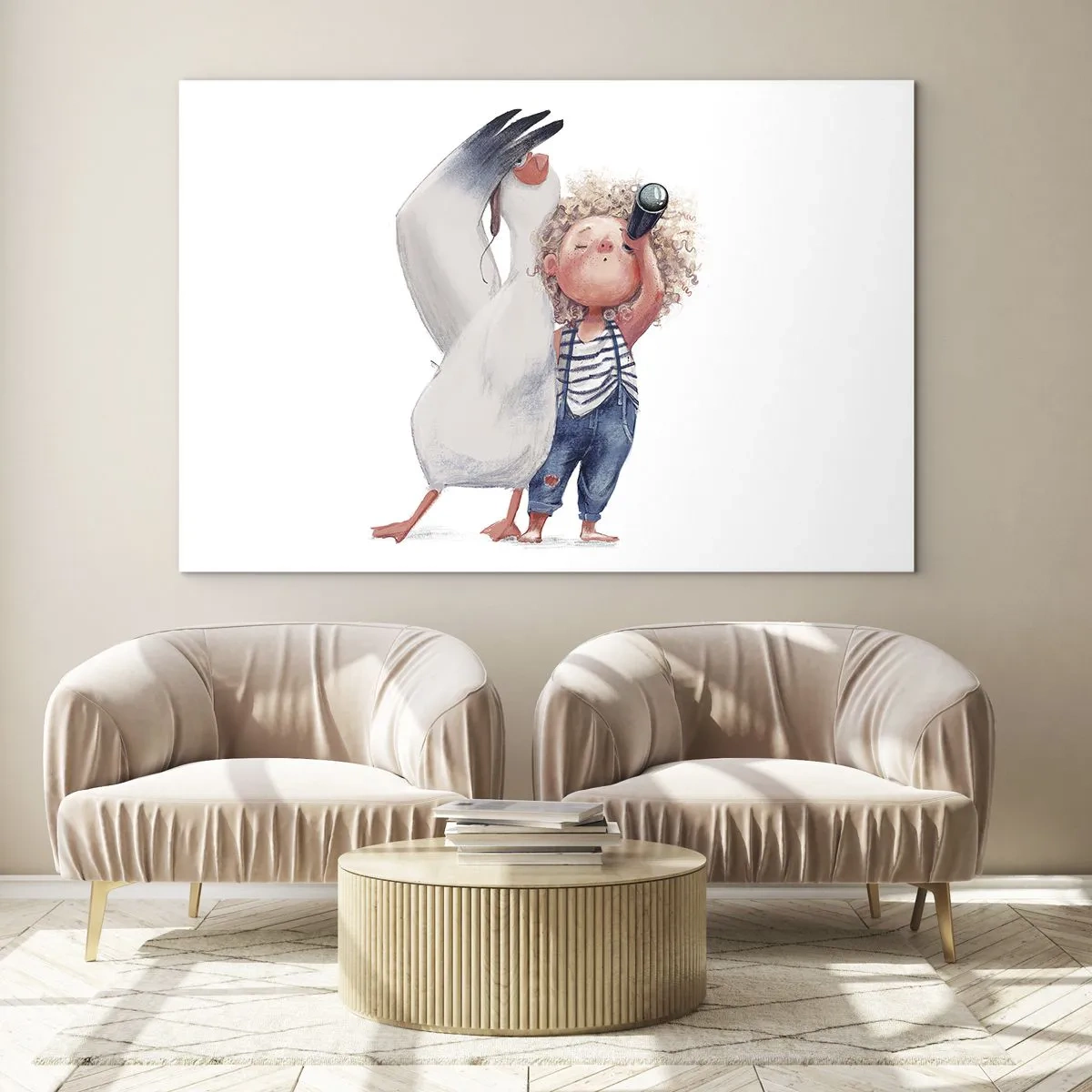 Schilderen op glas - Baby met verrekijker en ooievaar in een grappige illustratiestijl - 70x50cm - Een geweldige reisroute - Moderne wanddecoratie voor woonkamer en slaapkamer ARTTOR